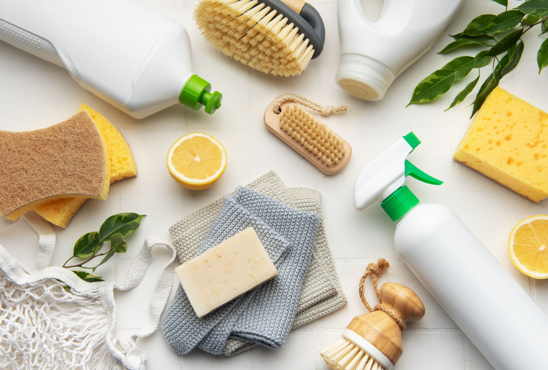 Eco friendly cleaning products promoting sustainable lifestyle at home